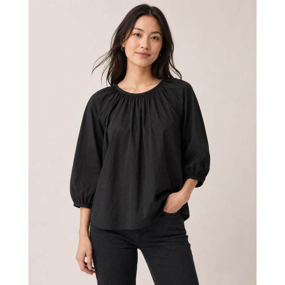 EVERLANE Women's Black Size 8 Cotton Gathered Neck Balloon Sleeve Blouse